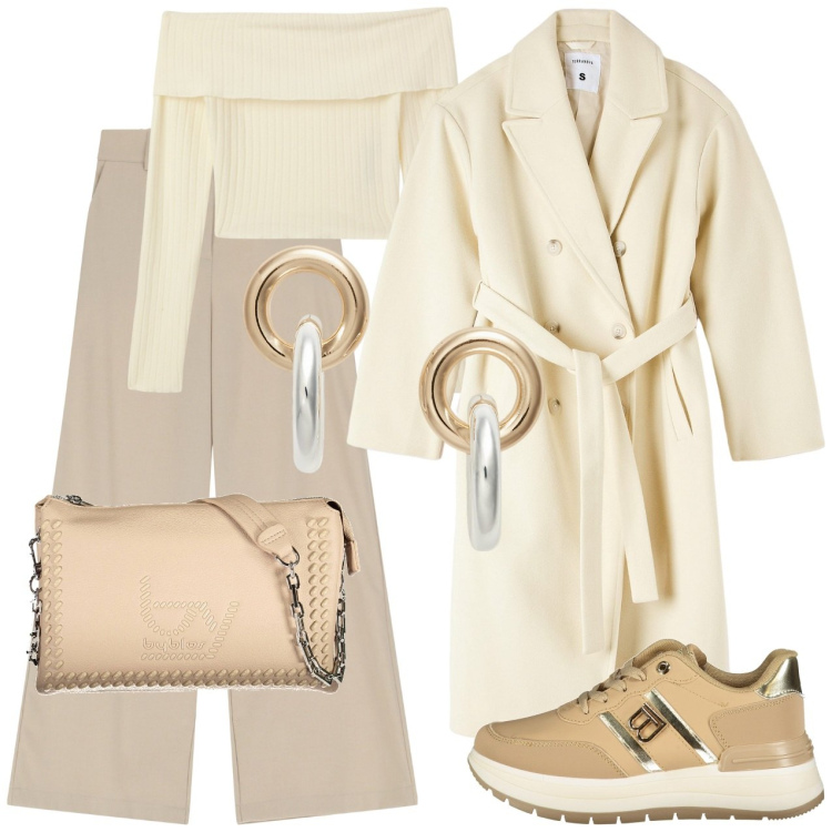 Outfit donna - Cappotto panna. Stile Casual chic per Tutti i giorni. Abbinamento con cappotti, maglieria, pantaloni a palazzo, orecchini, sneakers, borse a spalla.