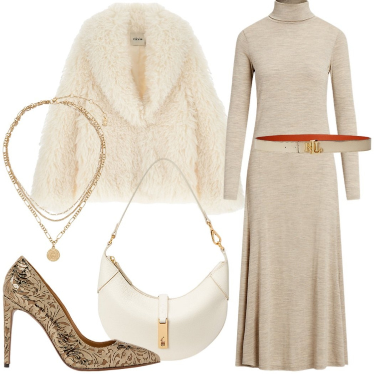 Outfit donna - Neutro con classe. Stile Chic per Serata fuori. Abbinamento con blazer, cinture, borse a spalla, ciondoli, vestiti, décolleté.