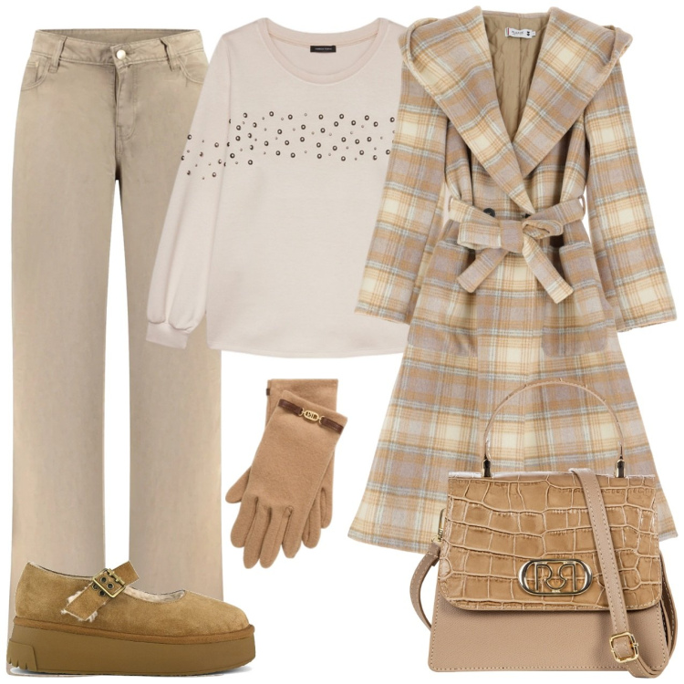 Outfit donna - Cappotto a quadri. Stile Casual per Tutti i giorni. Abbinamento con cappotti, borse a mano, guanti, décolleté, felpe, pantaloni a palazzo.