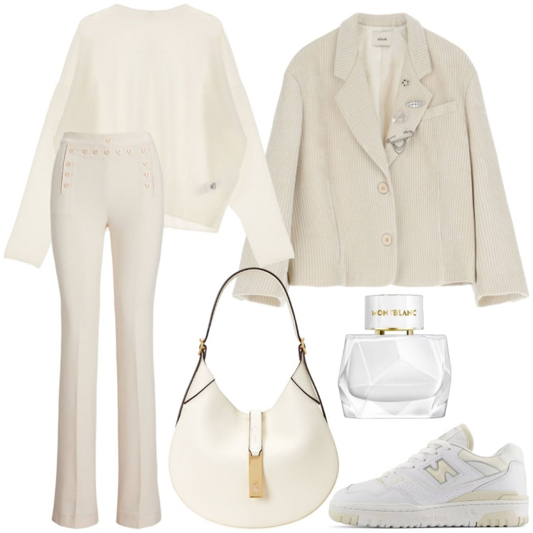 Outfit donna - Total White. Stile Glamour per Tutti i giorni. Abbinamento con profumi, sneakers, blazer, pullovers, pantaloni, borse a spalla.