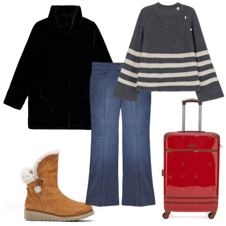 Outfit donna - Total look #2033897. Stile 70s per Tutti i giorni. Abbinamento con stivali, cappotti, maglieria, jeans, valigie.