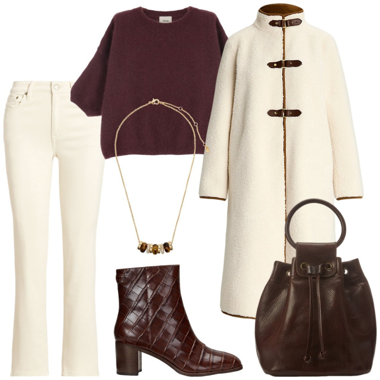 Outfit donna - Cappotto in shearling ecologico. Stile Casual chic per Tutti i giorni. Abbinamento con pullovers, collane, jeans dritti, cappotti, borse a secchiello, stivaletti.