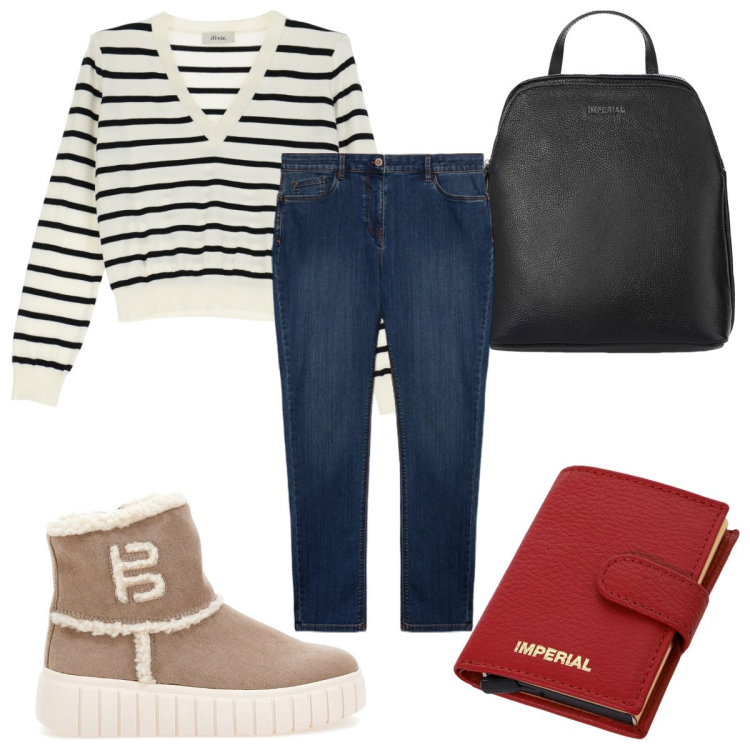 Outfit donna - Total look #2033900. Stile Trendy per Tutti i giorni. Abbinamento con portafogli, zaini, pullovers, stivaletti, jeans skinny.