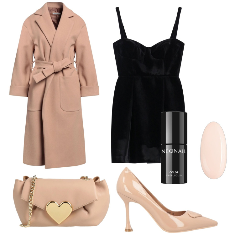 Outfit donna - Romantica. Stile Sexy per Serata fuori. Abbinamento con cappotti, borse a tracolla, décolleté, smalti, vestiti corti.