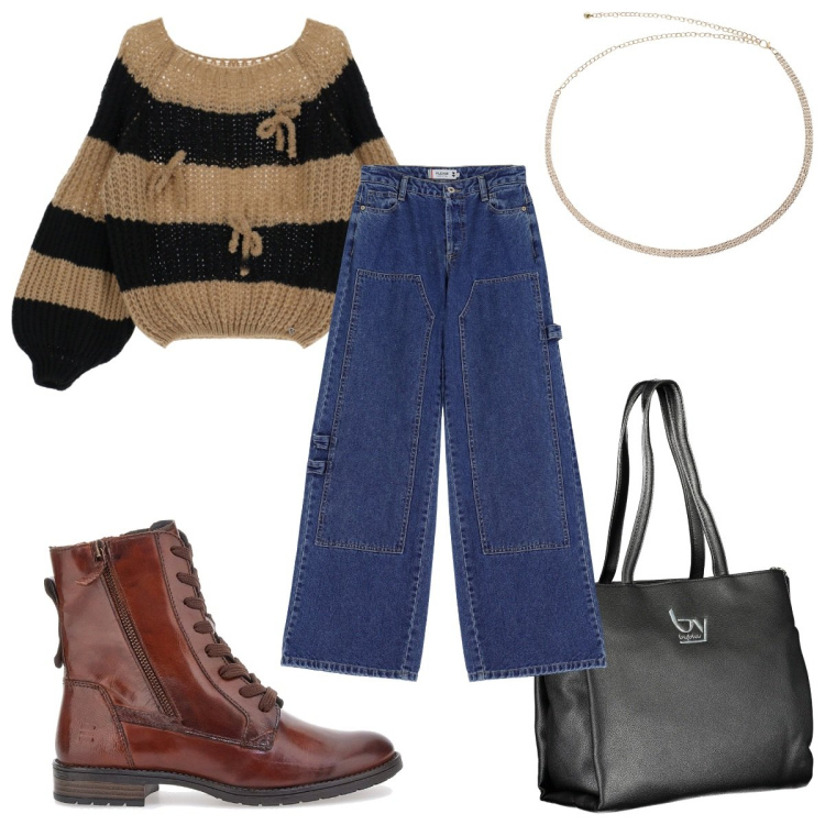 Outfit donna - Total look #2033905. Stile Trendy per Tutti i giorni. Abbinamento con maglieria, jeans, cinture, anfibi, borse a spalla.