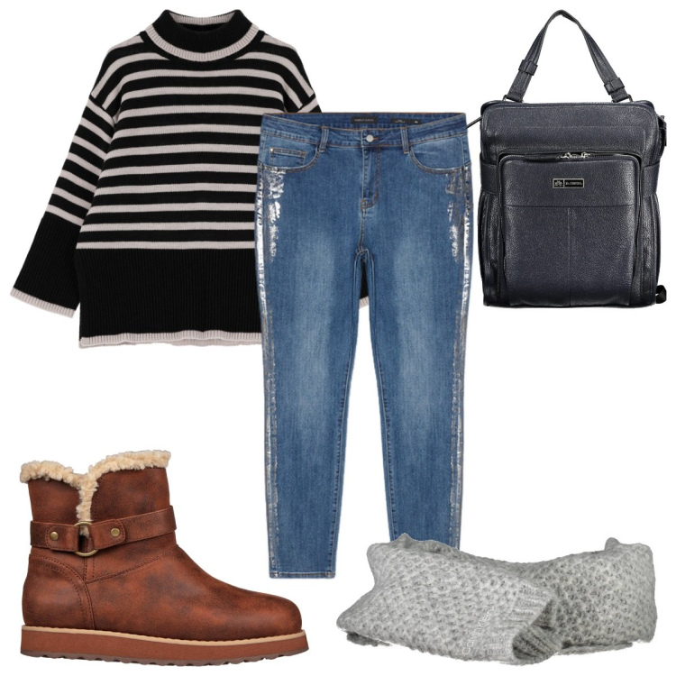 Outfit donna - Total look #2033906. Stile Trendy per Tutti i giorni. Abbinamento con maglieria, stivaletti, jeans skinny, sciarpe, zaini.
