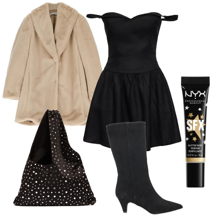 Outfit donna - Party dress. Stile Trendy per Serata fuori. Abbinamento con stivali, ombretti, cappotti, borse a spalla, vestiti.