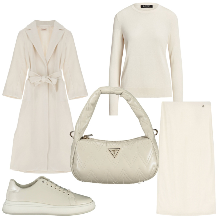 Outfit donna - Candidamente. Stile Sporty chic per Ufficio. Abbinamento con cappotti, gonne longuette, maglieria, sneakers, borse a spalla.