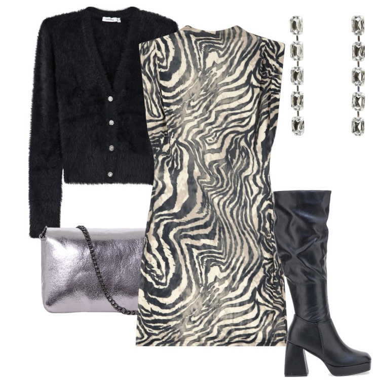 Outfit donna - L’abitino zebrato. Stile Sexy per Serata fuori. Abbinamento con orecchini, cardigans, vestiti corti, pochette, stivali.