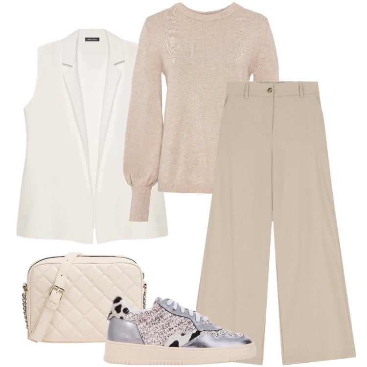 Outfit donna - Il gilet bianco. Stile Trendy per Tutti i giorni. Abbinamento con maglieria, gilet, sneakers, pantaloni a palazzo, borse a tracolla.