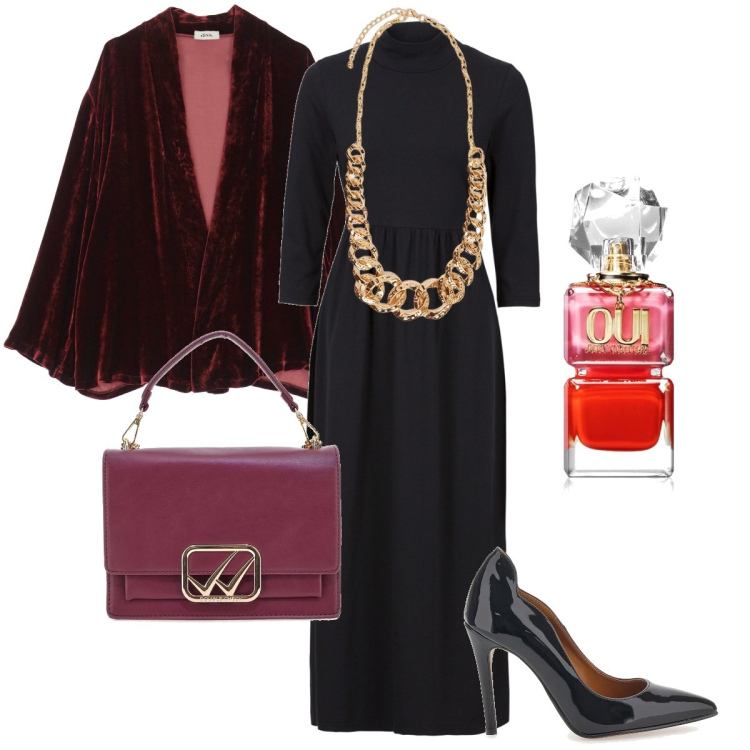 Outfit donna - Il blazer in velluto. Stile Chic per Serata fuori. Abbinamento con vestiti midi/longuette, profumi, blazer, borse a tracolla, collane, décolleté.