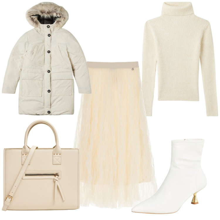 Outfit donna - Speciale Winter Whites: gli stivaletti. Stile Trendy per Tutti i giorni. Abbinamento con stivaletti, shopping bag, maglieria, parka, gonne lunghe.