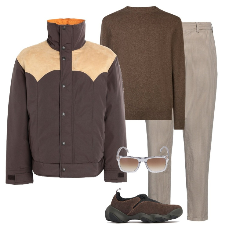 Outfit uomo - Outfit in marrone e beige. Stile Urban per Tutti i giorni. Abbinamento con piumini, pantaloni chino, maglieria, occhiali da sole, sneakers.