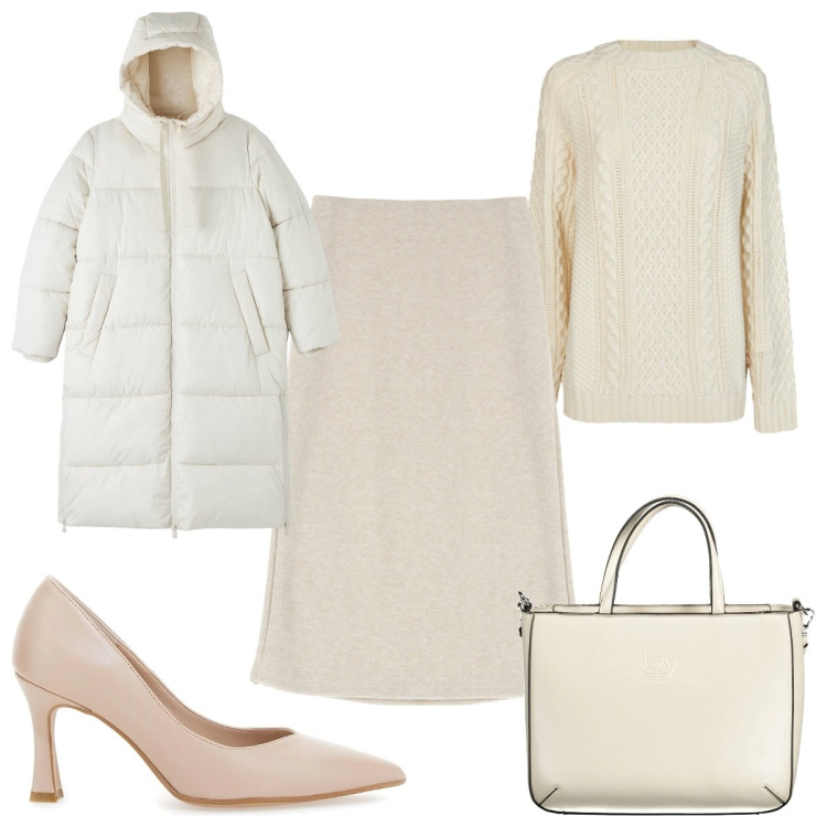 Outfit donna - Total look #2033947. Stile Trendy per Tutti i giorni. Abbinamento con gonne, piumini, maglieria, décolleté, borse a spalla.