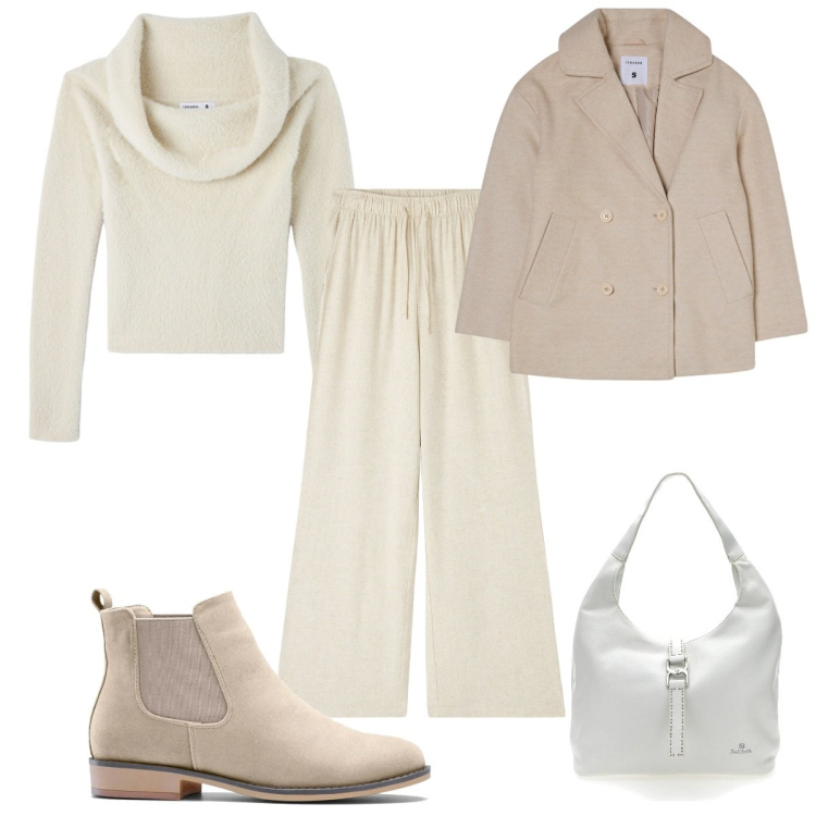 Outfit donna - Total look #2033950. Stile Trendy per Tutti i giorni. Abbinamento con stivaletti chelsea, pantaloni, maglieria, caban, borse a spalla.