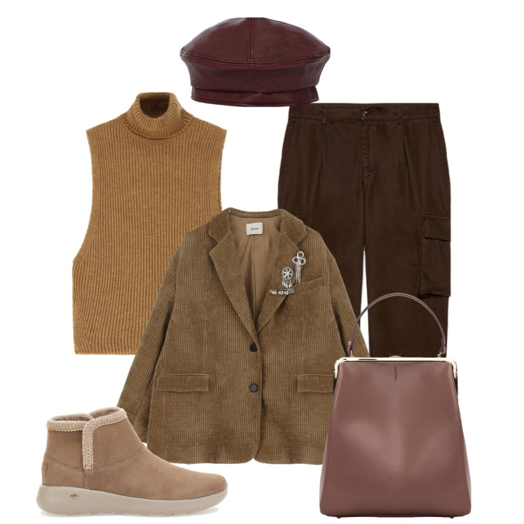 Outfit donna - Total look #2033952. Stile Casual chic per Ufficio. Abbinamento con maglieria, blazer, cappelli e berretti, stivaletti, pantaloni cargo, borse a spalla.