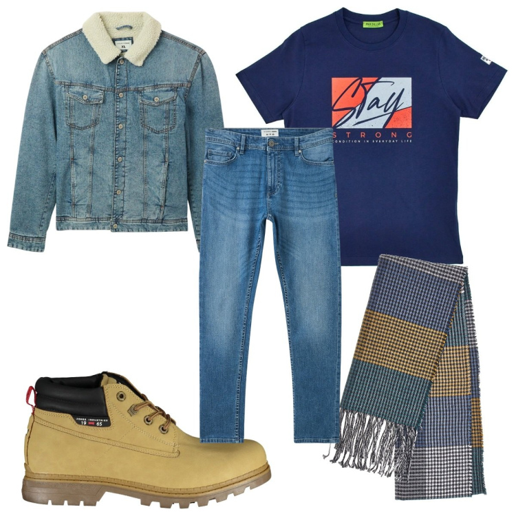 Outfit uomo - Total look #2033956. Stile Trendy per Tutti i giorni. Abbinamento con jeans skinny, giacche, sciarpe, stivali, t-shirt.