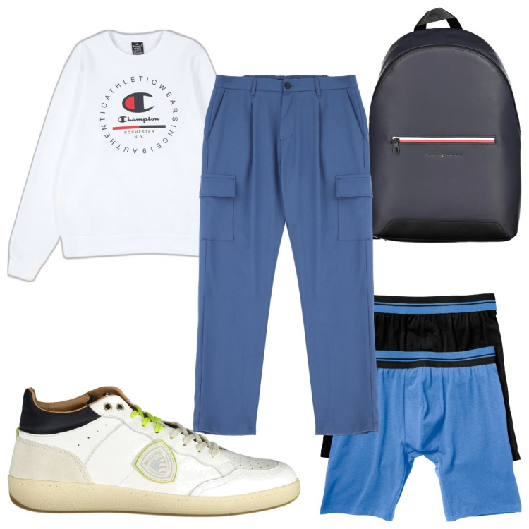 Outfit uomo - Total look #2033959. Stile Trendy per Tutti i giorni. Abbinamento con boxer, pantaloni cargo, borse sportive, felpe, sneakers.