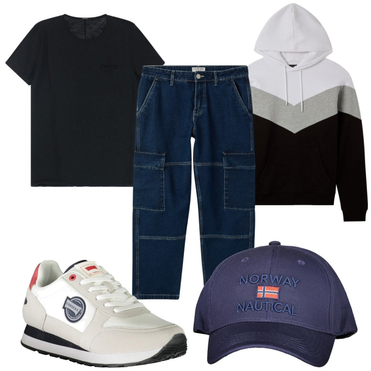Outfit uomo - Total look #2033962. Stile Casual per Tutti i giorni. Abbinamento con jeans, felpe con cappuccio, t-shirt, cappelli con visiera, sneakers.