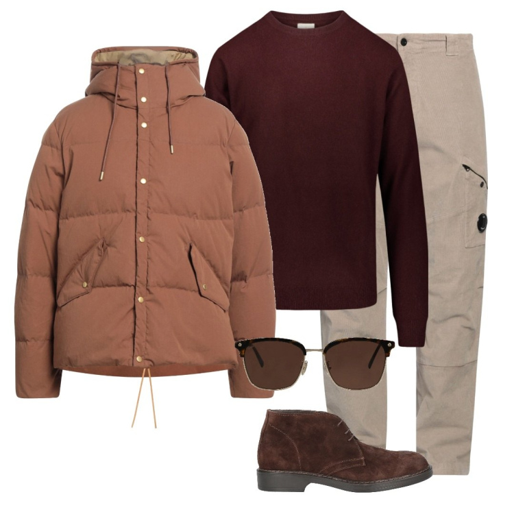 Outfit uomo - Outfit in marrone. Stile Casual per Tutti i giorni. Abbinamento con occhiali da sole, pantaloni cargo, stivali e stivaletti, piumini, maglieria.