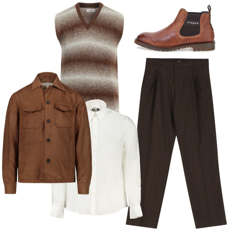 Outfit uomo - Il gilet melange. Stile Trendy per Ufficio. Abbinamento con pullovers, pantaloni, stivali e stivaletti, giacche, camicie.