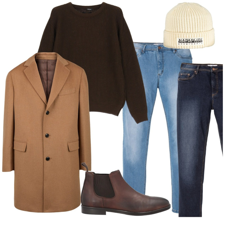 Outfit uomo - Il cappotto con i jeans. Stile Casual per Tutti i giorni. Abbinamento con jeans dritti, stivali e stivaletti, maglieria, cappotti, berretti.