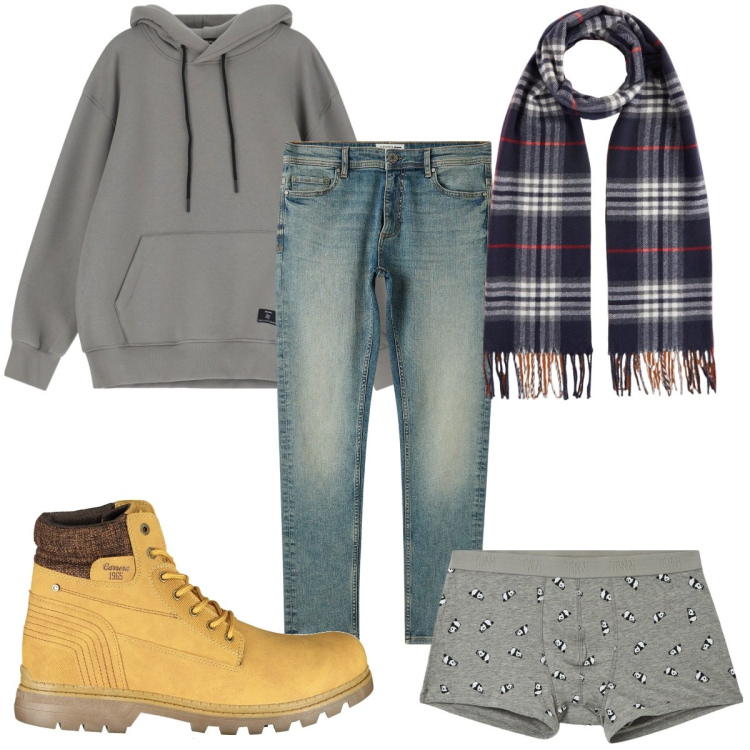 Outfit uomo - Total look #2033975. Stile Trendy per Tutti i giorni. Abbinamento con boxer, jeans skinny, felpe con cappuccio, stivali, sciarpe.