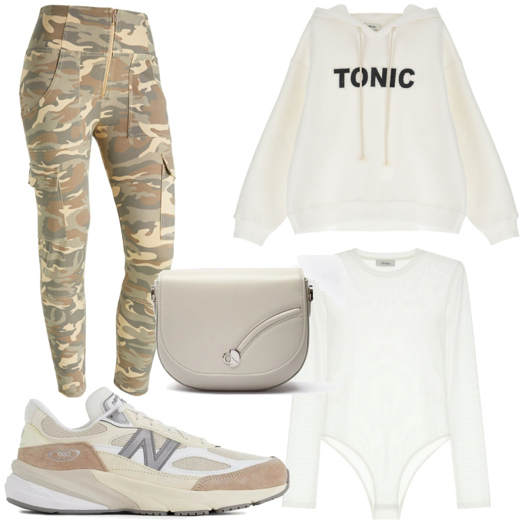 Outfit donna - Total look #2033977. Stile Sporty chic per Tutti i giorni. Abbinamento con sneakers, pantaloni cargo, felpe con cappuccio, body, borse a tracolla.