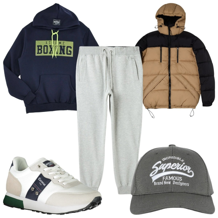 Outfit uomo - Total look #2033982. Stile Trendy per Sport. Abbinamento con cappelli con visiera, giacche sportive, pantaloni, sneakers, felpe con cappuccio.