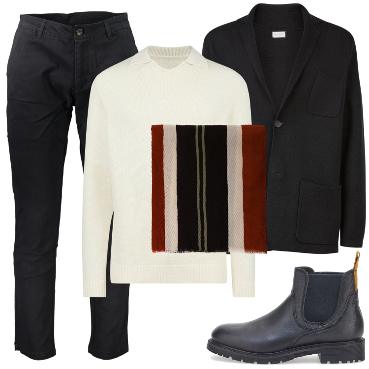 Outfit uomo - Total look #2033983. Stile Casual per Ufficio. Abbinamento con sciarpe e foulard, stivali e stivaletti, maglieria, pantaloni, cardigans.