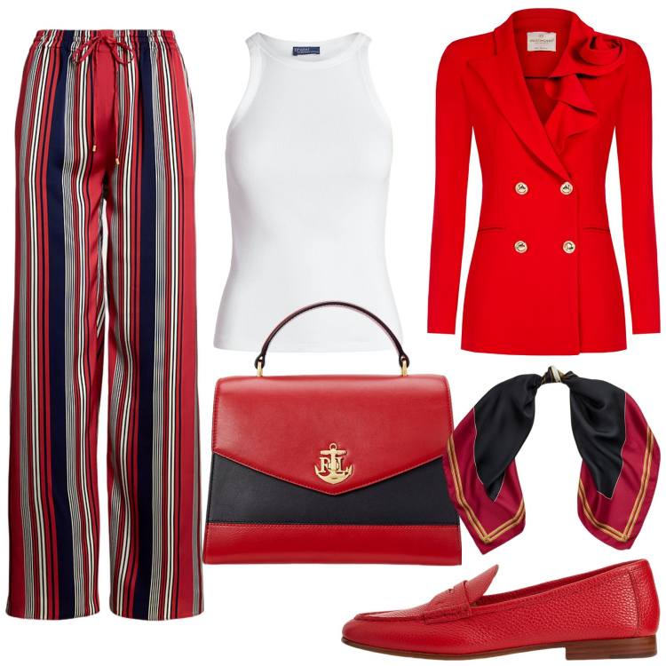 Outfit donna - Total look #2033984. Stile Chic per Ufficio. Abbinamento con blazer, canottiere, mocassini, pantaloni, borse a mano, foulard.