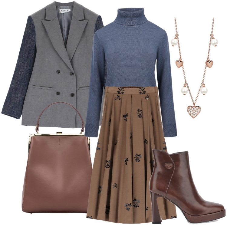 Outfit donna - Le maniche denim. Stile Trendy per Ufficio. Abbinamento con collane, blazer, gonne lunghe, borse a spalla, maglieria, stivaletti.