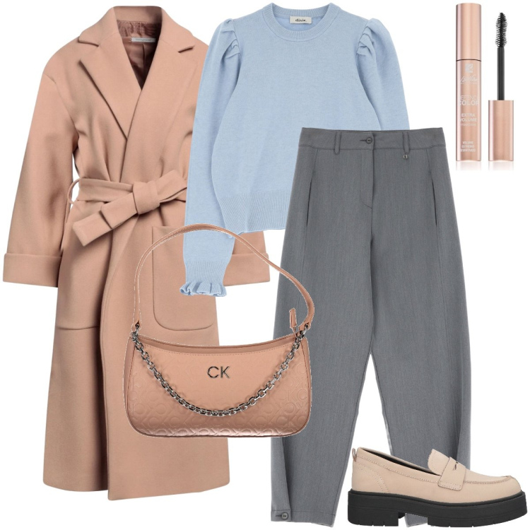 Outfit donna - Il cappotto rosa. Stile Urban per Ufficio. Abbinamento con cappotti, mocassini, mascara, pullovers, pantaloni, borse a spalla.