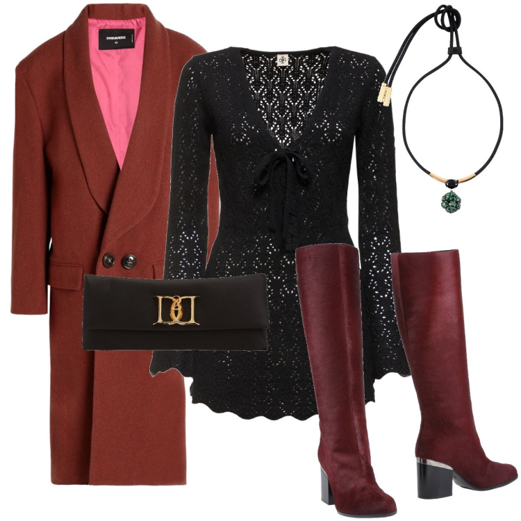 Outfit donna - Gli stivali bordeaux. Stile Sexy per Serata fuori. Abbinamento con stivali, cappotti, collane, vestiti, pochette.
