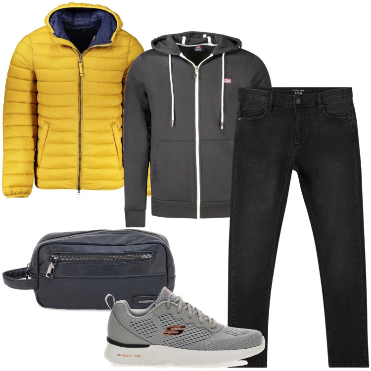 Outfit uomo - Il piumino giallo. Stile Casual per Ufficio. Abbinamento con jeans skinny, borse sportive, giacche, felpe con cappuccio, sneakers.