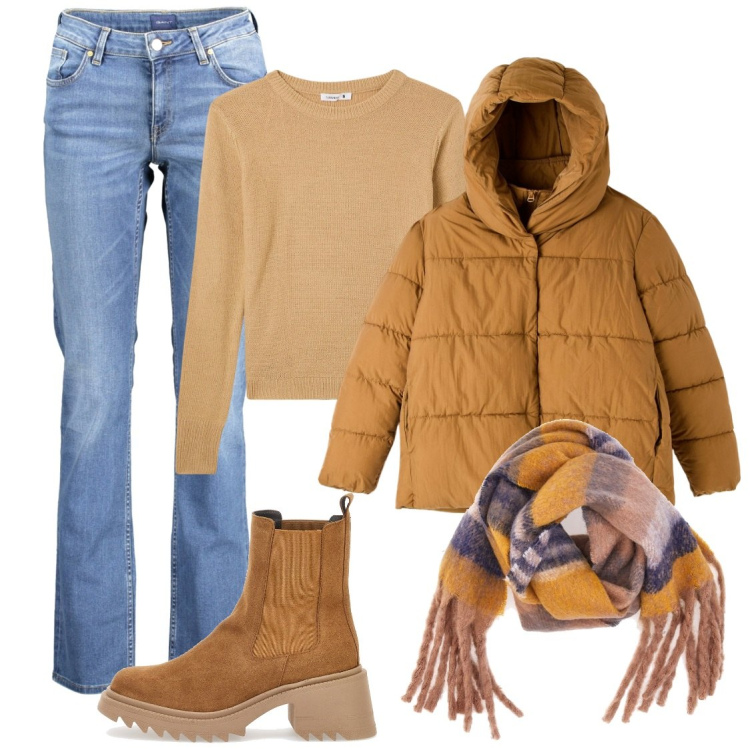 Outfit donna - 7 gennaio. Stile Casual per Tutti i giorni. Abbinamento con piumini, maglieria, sciarpe, stivaletti chelsea, jeans.