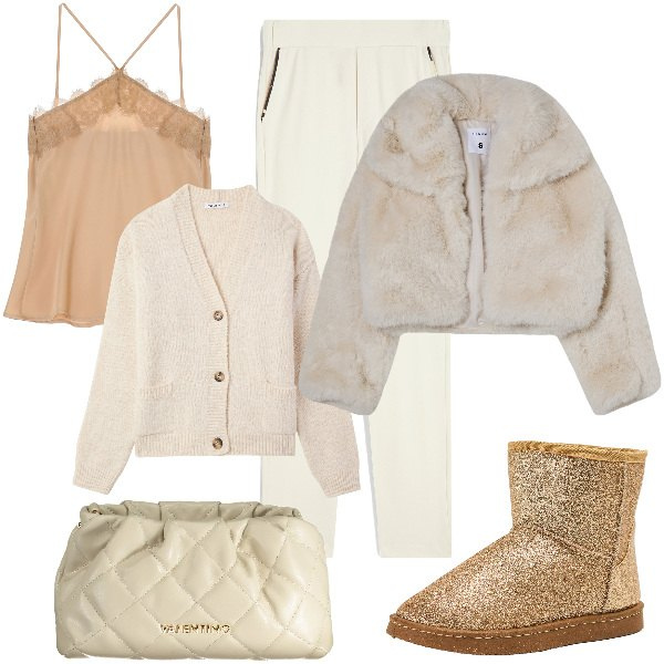 Outfit donna - Casual with lace and glitter. Stile Casual chic per Serata fuori. Abbinamento con blazer, stivali, cardigans, top, pantaloni, borse a spalla.