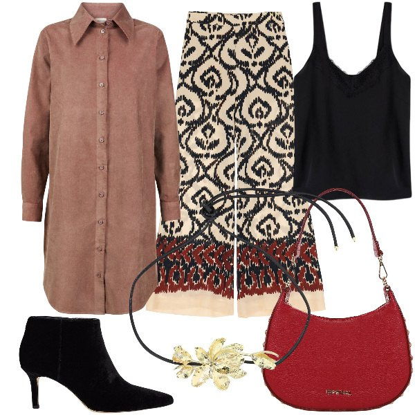Outfit donna - New ethnic style 2025. Stile Etnico per Serata fuori. Abbinamento con borse a spalla, pantaloni a palazzo, collane, stivaletti, vestiti chemisier, top.