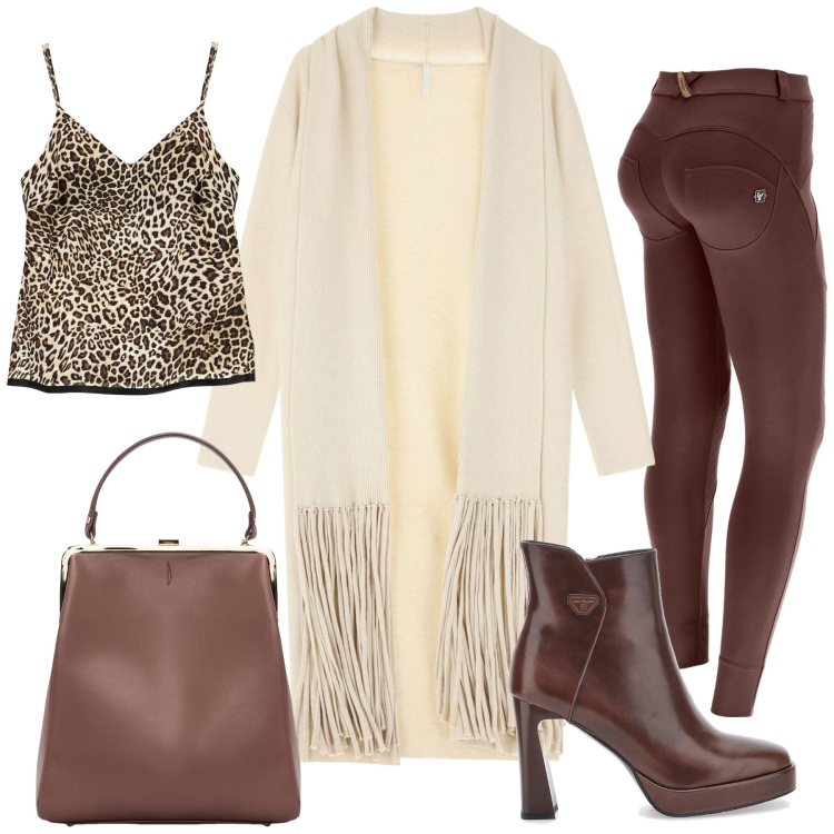Outfit donna - Total look #2034019. Stile Glamour per Tutti i giorni. Abbinamento con cardigans, pantaloni skinny, top, borse a spalla, stivaletti.