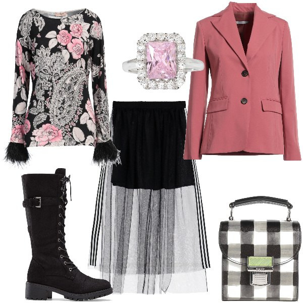 Outfit donna - Romantic random. Stile Romantica per Serata fuori. Abbinamento con stivali, blazer, pullovers, borse a mano, anelli, gonne lunghe.