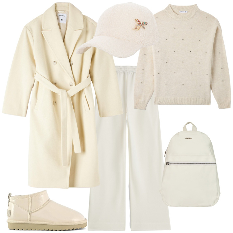 Outfit donna - Total look #2034029. Stile Sporty chic per Tutti i giorni. Abbinamento con maglieria, cappotti, pantaloni a palazzo, zaini, cappelli, stivali.