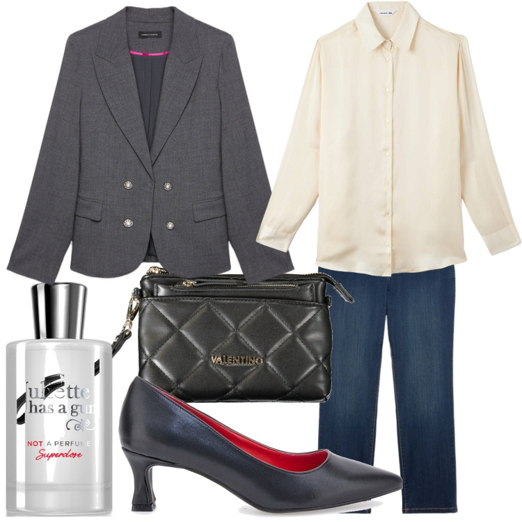 Outfit donna - In ufficio con stile. Stile Casual chic per Ufficio. Abbinamento con profumi, camicie, décolleté, blazer, pochette, jeans dritti.