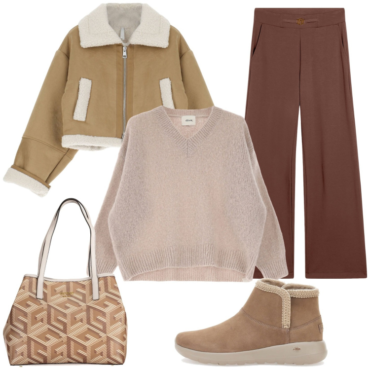 Outfit donna - Tonalità calde. Stile Basic per Tutti i giorni. Abbinamento con blazer, pantaloni, pullovers, stivaletti, borse a spalla.
