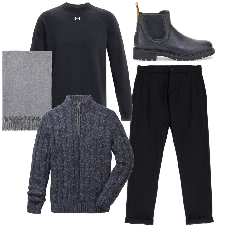 Outfit uomo - Sobriamente. Stile Trendy per Serata speciale. Abbinamento con maglieria, pantaloni, sciarpe, stivali e stivaletti, felpe.