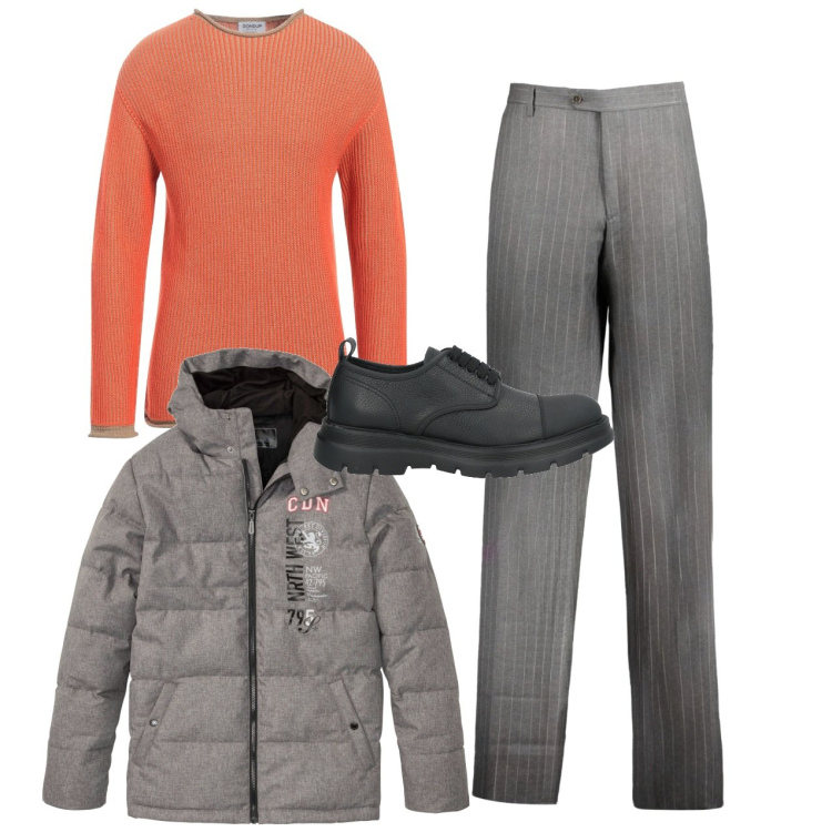Outfit uomo - Il bordo grigio. Stile Trendy per Tutti i giorni. Abbinamento con giacche, pullovers, scarpe stringate, pantaloni.