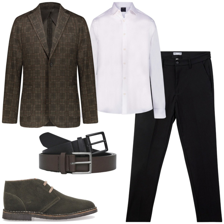 Outfit uomo - In stile classico. Stile Business/Elegante per Tutti i giorni. Abbinamento con pantaloni chino, cinture, camicie, giacche, scarpe stringate.