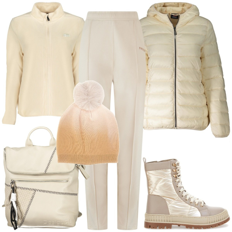 Outfit donna - Beige. Stile Casual per Tutti i giorni. Abbinamento con pantaloni, stivaletti, berretti, blazer, felpe, zaini.