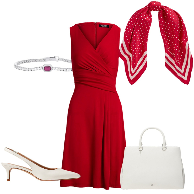 Outfit donna - "Audace Eleganza in Rosso". Stile Bon Ton per Serata fuori. look ideale per Petite. Abbinamento con braccialetti, décolleté, vestiti, borse a mano, foulard.