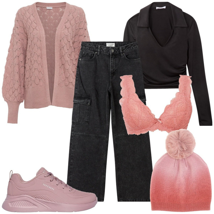 Outfit donna - Total look #2034075. Stile Casual per Tutti i giorni. Abbinamento con cardigans, reggiseni, polo, jeans dritti, berretti, sneakers.