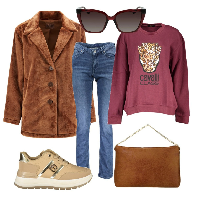 Outfit donna - La pelliccia versione sportiva. Stile Sporty chic per Tutti i giorni. Abbinamento con cappotti, pochette, felpe, sneakers, jeans, occhiali da sole.